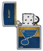 NHL® St Louis Blues Street Chrome™ Windproof Lighter with its lid open and unlit