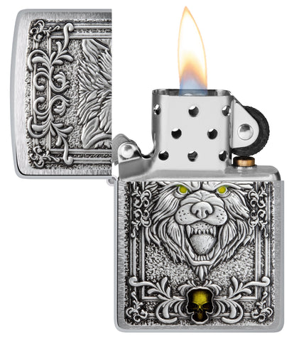 Zippo Wolf Emblem Design Brushed Chrome Windproof Lighter with its lid open and lit.