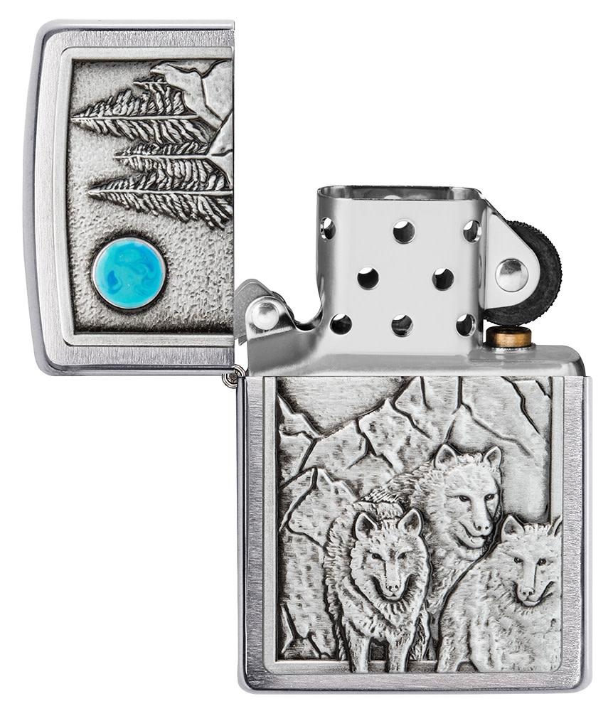 Wolf Pack and Moon Emblem Brushed Chrome Windproof Lighter with its lid open and unlit