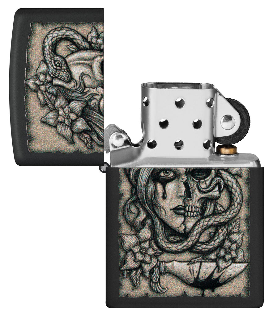 Zippo Gory Tattoo Design Black Matte Windproof Lighter with its lid open and unlit.