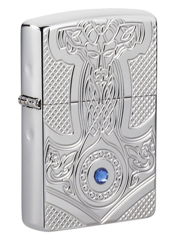 Front shot of Medieval Design Armor® High Polish Chrome Windproof Lighter standing at a 2/3 angle