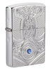 Front shot of Medieval Design Armor® High Polish Chrome Windproof Lighter standing at a 2/3 angle