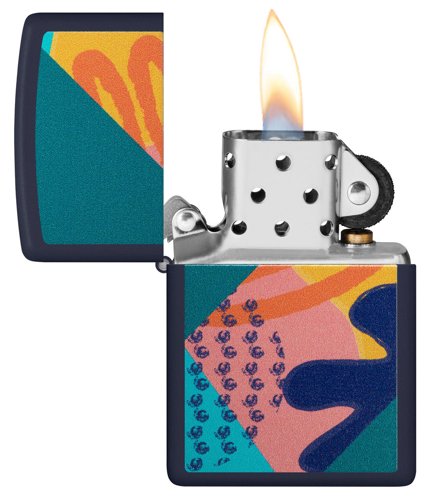 Retro Pattern Design Navy Matte Windproof Lighter with its lid open and lit.