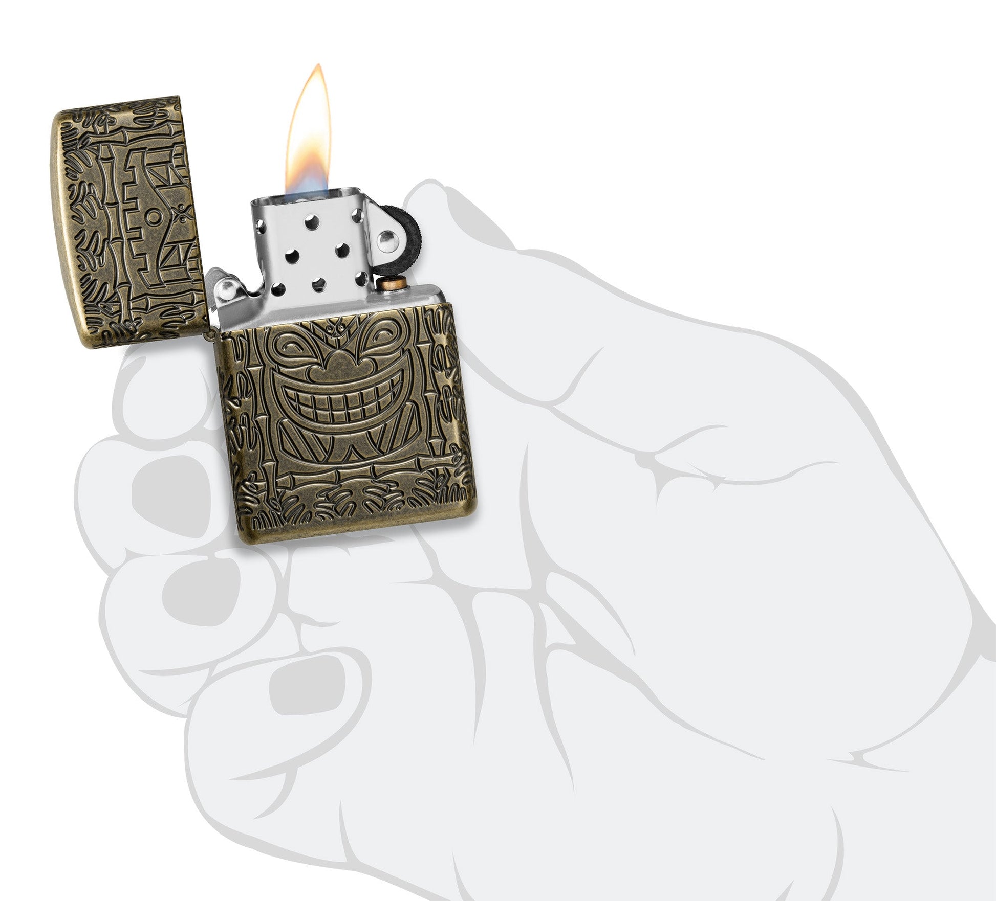 Tiki Design ArmorÂ® Antique Brass Windproof Lighter lit in hand.