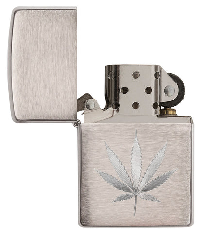 Chrome Marijuana Leaf Design Brushed Chrome Windproof Lighter with its lid open and unlit.