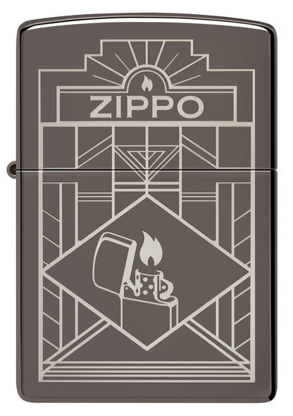 Front shot of Zippo Art Deco Design Black IceÂ® Windproof Lighter.