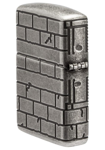 Back angle of Armor® Antique Silver Gargoyle Windproof Lighter showing the hinge side