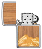 WOODCHUCK USA Mountains Brushed Chrome Windproof Lighter with its lid open and unlit.