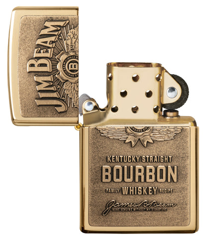 Jim Beam Bronze Bourbon Whiskey Emblem High Polish Brass Windproof Lighter open and unlit.