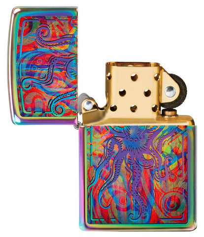 Front view of the Colorful Octopus Multi Color Design Lighter open and unlit