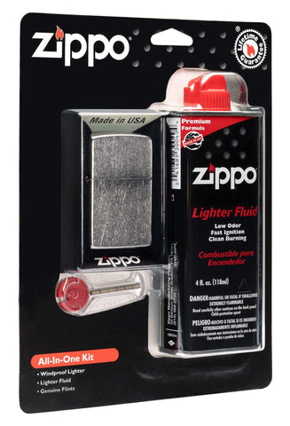 Zippo all-in-one gift set (fluid, flint, lighter) in packaging 3/4 view