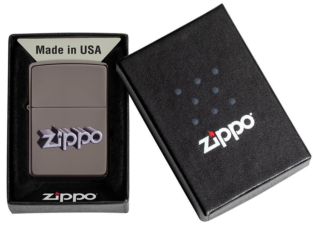 Zippo 3D Logo Design Black IceÂ® Windproof Lighter in its packaging