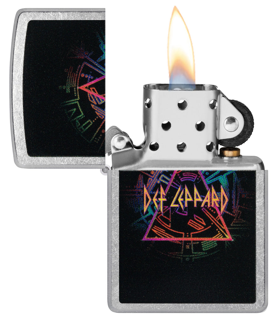 Def Leppard Design Street Chrome™ Windproof Lighter with its lid open and lit.