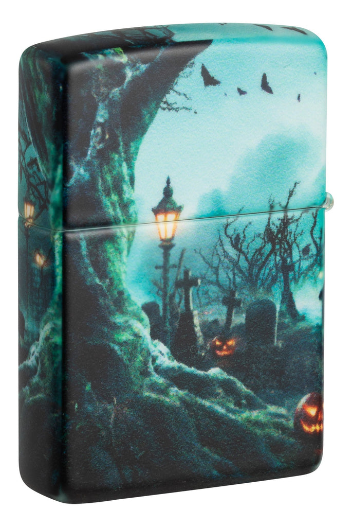 Back shot of Zippo Graveyard Design 540 Color Windproof Lighter standing at a 3/4 angle.