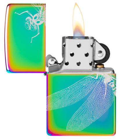 Zippo Dragonfly Design Multi Color Windproof Lighter with its lid open and lit.