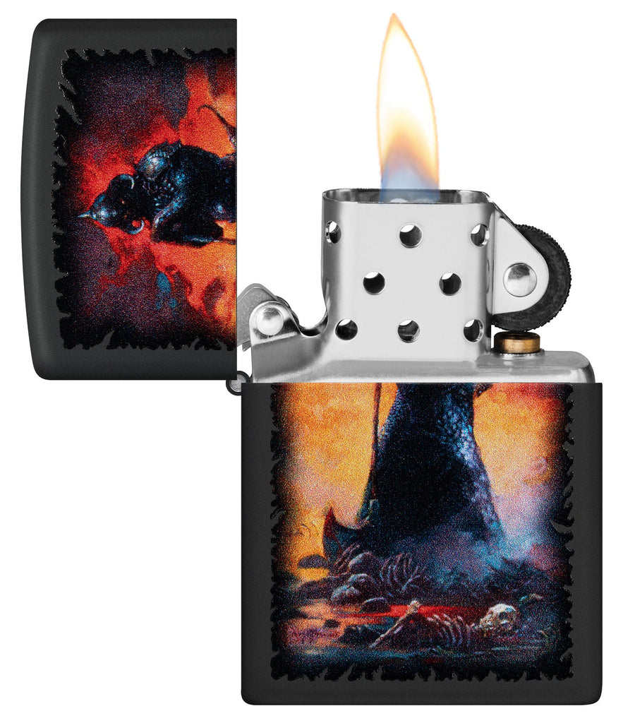 Zippo Frank Frazetta Evil Overlord Black Matte Windproof Lighter with its lid open and lit.