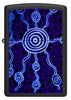 Front view of Zippo John Smith Gumbula Black Light Design Black Matte Windproof Lighter glowing with a black light.