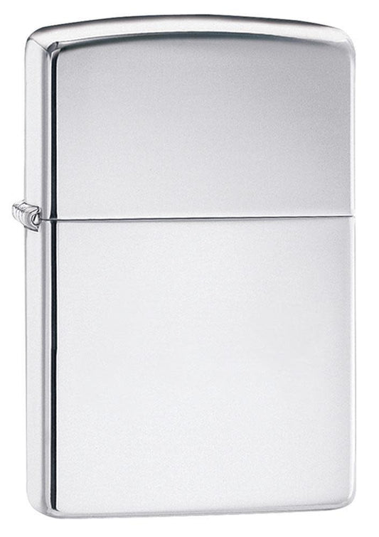 ArmorÂ® High Polish Chrome Windproof Lighter standing at a 3/4 angle