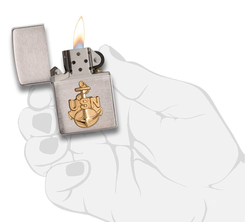 Navy® Brass Anchor Emblem on Chrome Lighter | Zippo USA