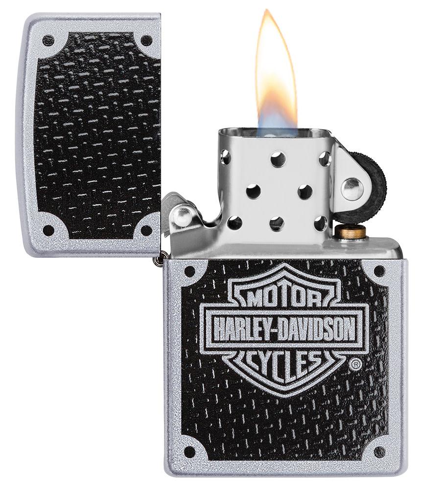 Harley-DavidsonÂ® Satin Chrome Windproof Lighter with its lid open and lit