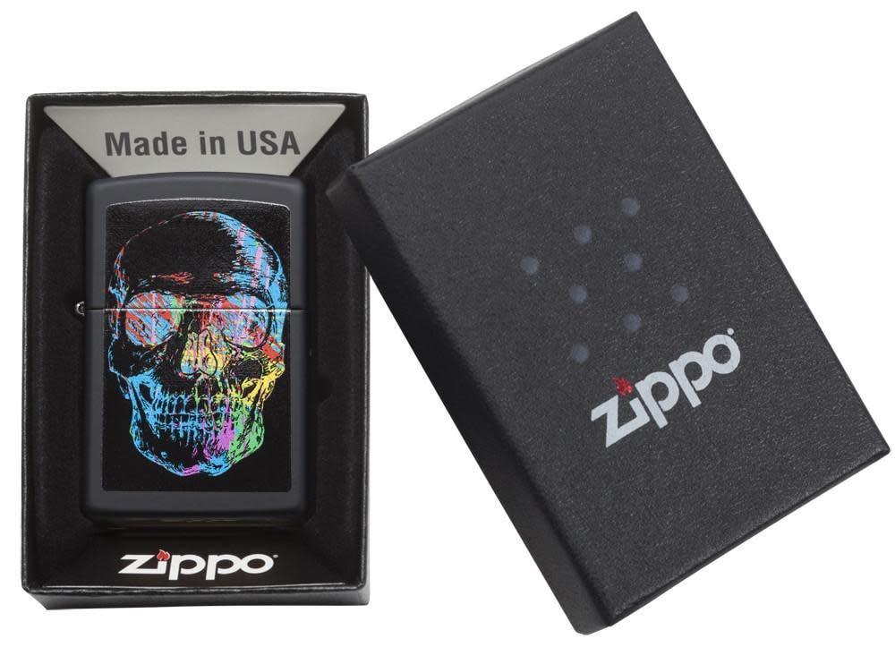 Colorful Skull Black Matte Windproof Lighter in its packaging