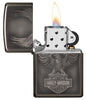 Harley-Davidson Black Ice Windproof Lighter with its lid open and lit