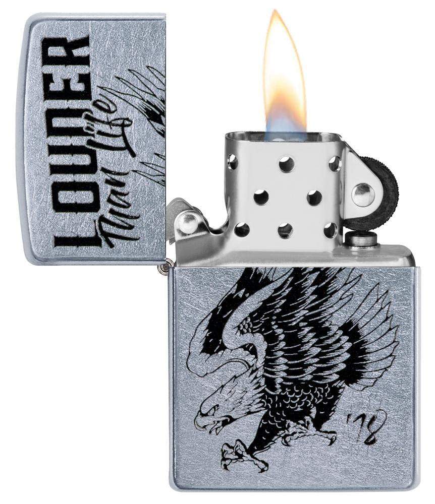 Front view of the Louder Than Life 18 Eagles Dare Lighter open and lit