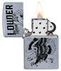 Front view of the Louder Than Life 18 Eagles Dare Lighter open and lit
