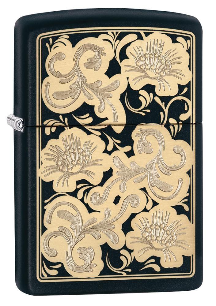 Front shot of Fancy Floral Black Matte Windproof Lighter standing at a 3/4 angle