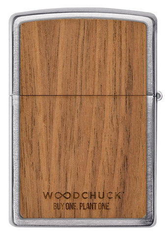 Back view of WOODCHUCK USA Mountains Brushed Chrome Windproof Lighter.