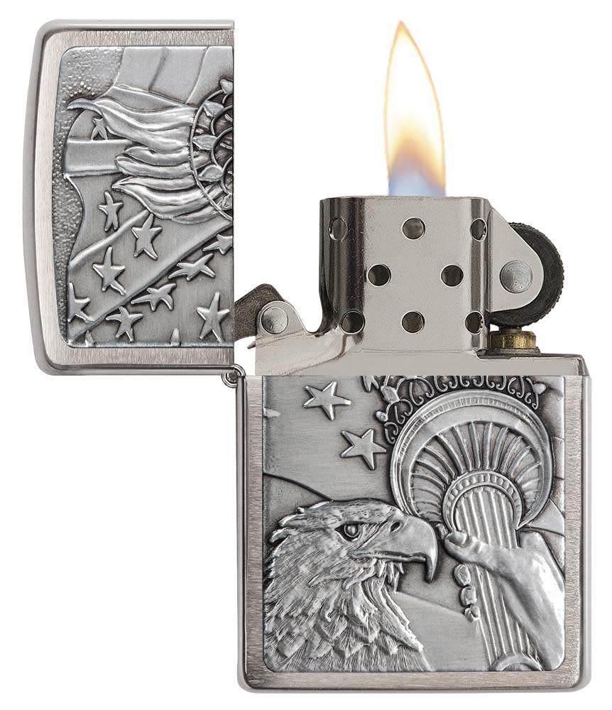 Emblem Patriotic Eagle with Stars Brushed Chrome Windproof Lighter with its lid open and lit