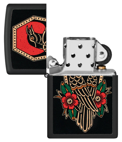 Zippo Crow Tattoo Design Black Matte Windproof Lighter with its lid open and unlit.