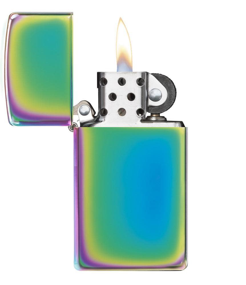 Slim® Multi Color Windproof Lighter with its lid open and lit.