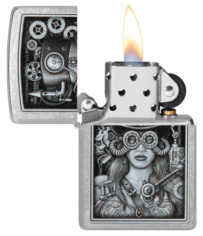 Steam Punk Woman Street Chrome Windproof Lighter with its lid open and lit.