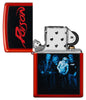 Poison Design Metallic Red Windproof Lighter with its lid open and unlit.
