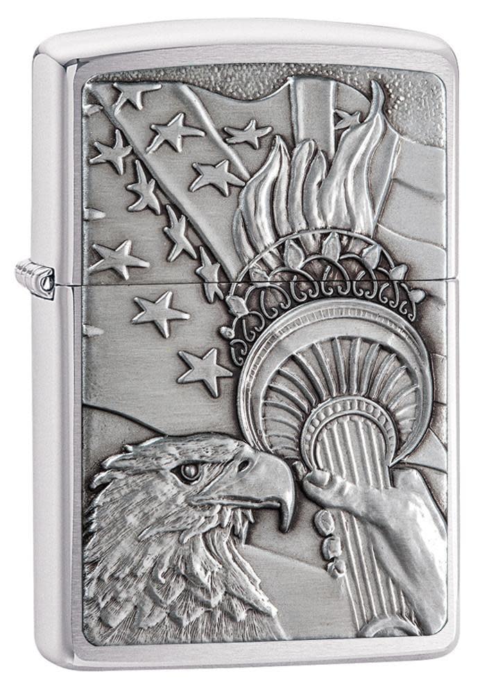 Front shot of Emblem Patriotic Eagle with Stars Brushed Chrome Windproof Lighter standing at a 3/4 angle