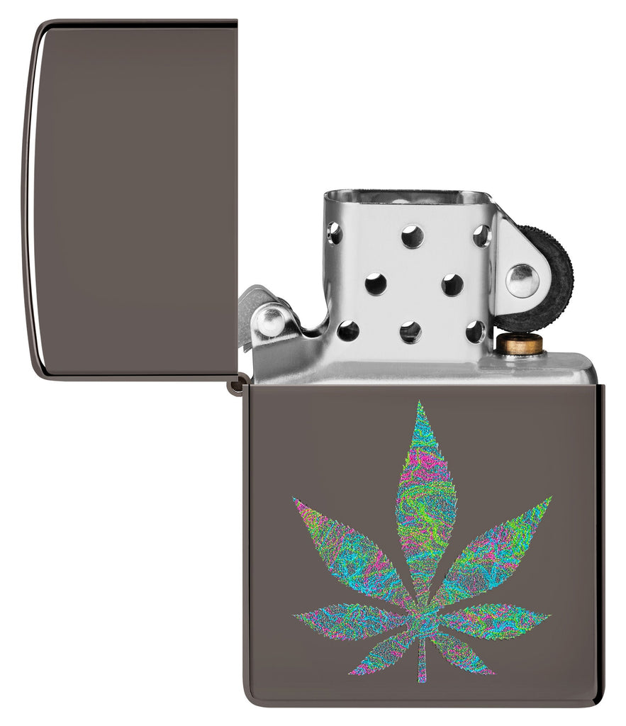 Zippo Funky Cannabis Design Black Ice Windproof Lighter with its lid open and unlit.