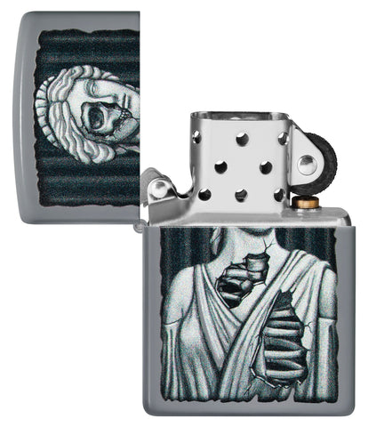 Lady Skull Design Flat Grey Windproof Lighter with its lid open and unlit.