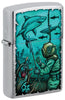 Front shot of Zippo Shark Nautical Design Brushed Chrome Windproof Lighter standing at a 3/4 angle.