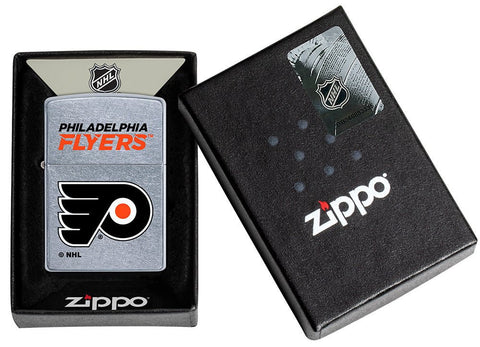 NHL Philadelphia Flyers Street Chrome™ Windproof Lighter with its lid open and unlit