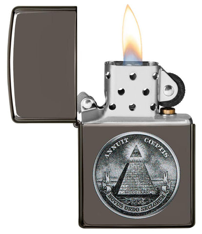 Dollar Design Black Ice Windproof Lighter with its lid open and lit