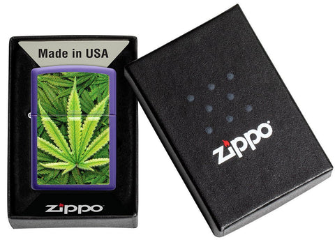 Cannabis Design Texture Print Leaf Purple Matte Windproof Lighter in its packaging.