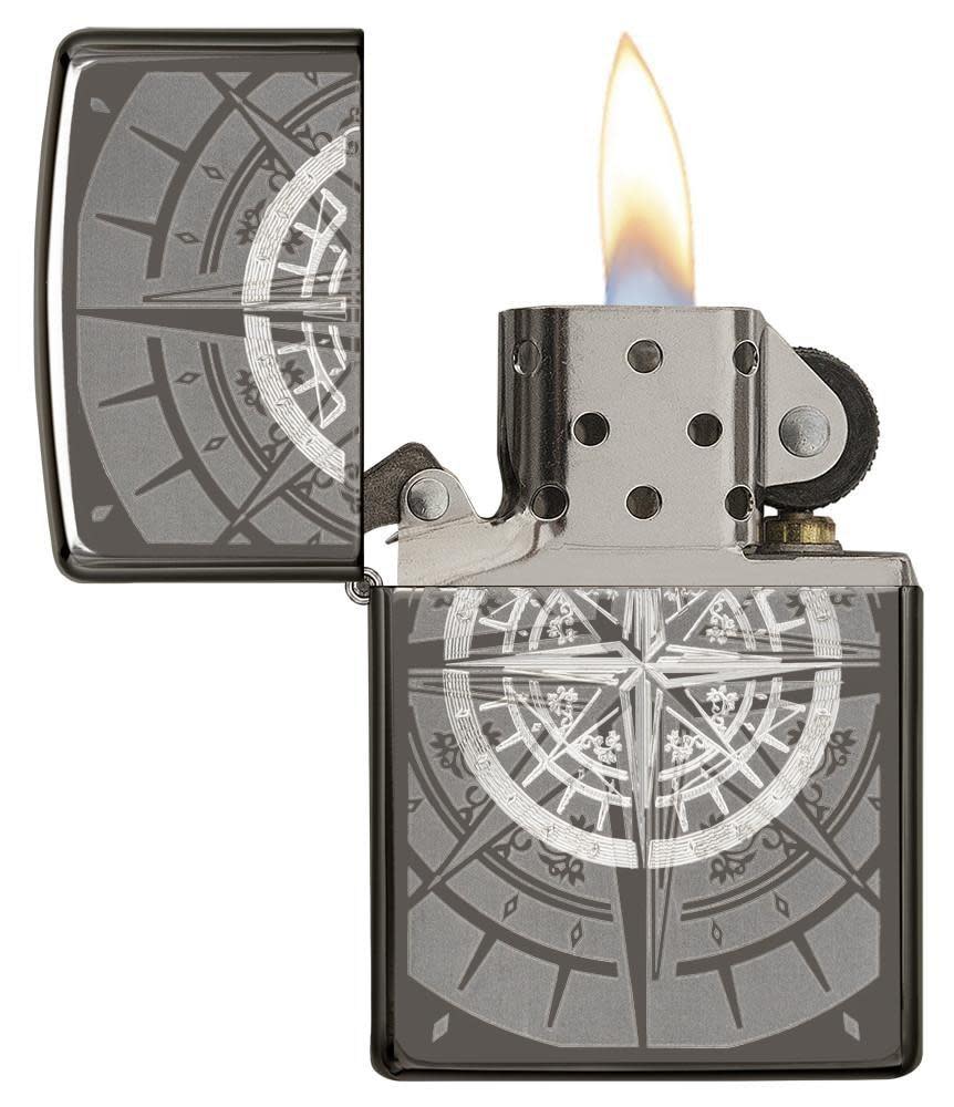 Black Ice Compass Windproof Lighter -open and lit