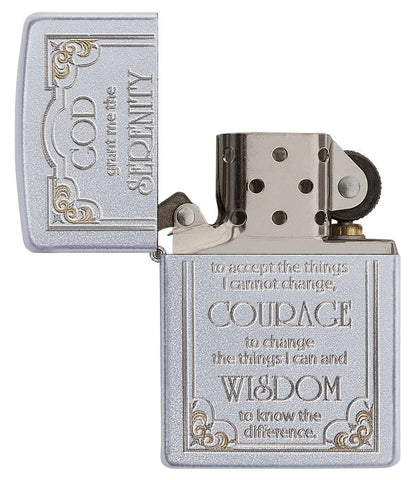 Satin Chrome Serenity Prayer Windproof Lighter with its lid open and unlit.