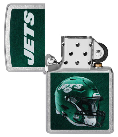 NFL New York Jets Helmet Street Chrome Windproof Lighter with its lid open and unlit.