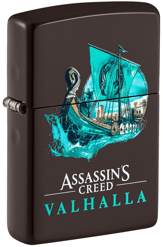 Front shot of Assassin's Creed® Valhalla Brown Windproof Lighter standing at a 3/4 angle.