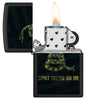 Zippo Don't Tread On Me Snake and Flag Black Matte Windproof Lighter with its lid open and lit.