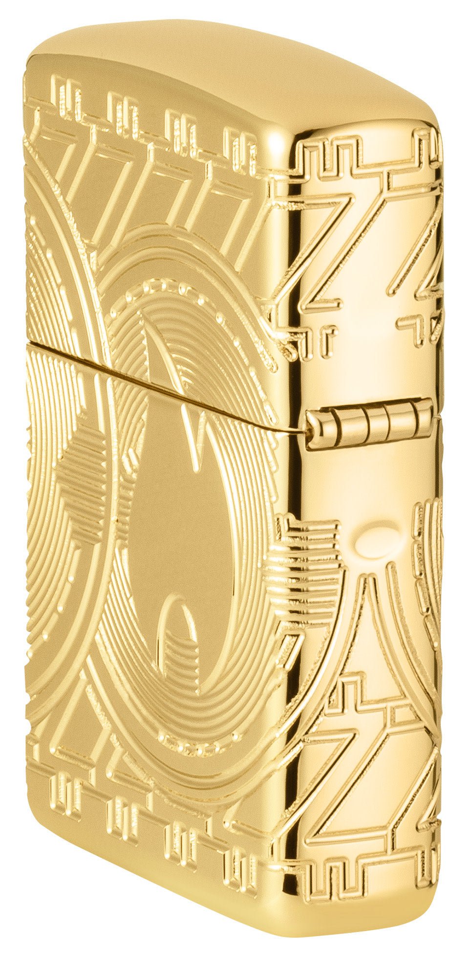 Angled shot of Currency Design ArmorÂ® High Polish Gold Windproof Lighter, showing the back and hinge side of the lighter.