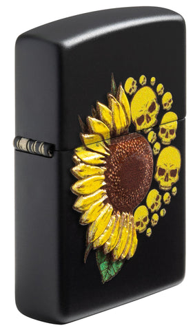 Sunflower Design Texture Print Black Matte Windproof Lighter standing at an angle, showing the texture print.