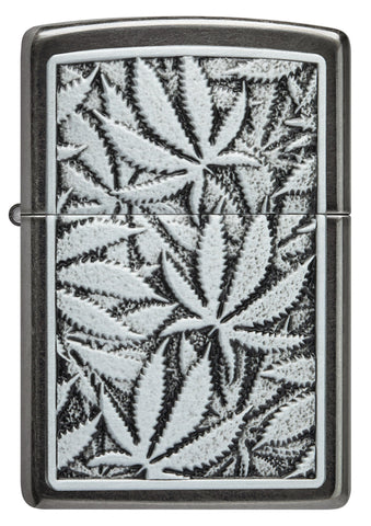 Front shot of Cannabis Emblem Design Grey Windproof Lighter.